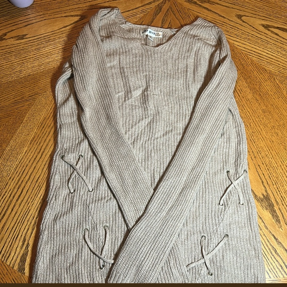 Beige Knit Sweater Dress with Lace-Up Details